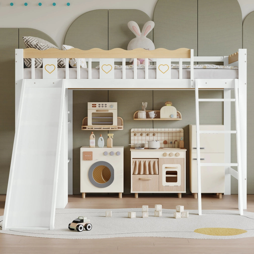 Letto a soppalco per bambini 90x200 cm con scivolo; armadio e mobile contenitore; bianco e naturale