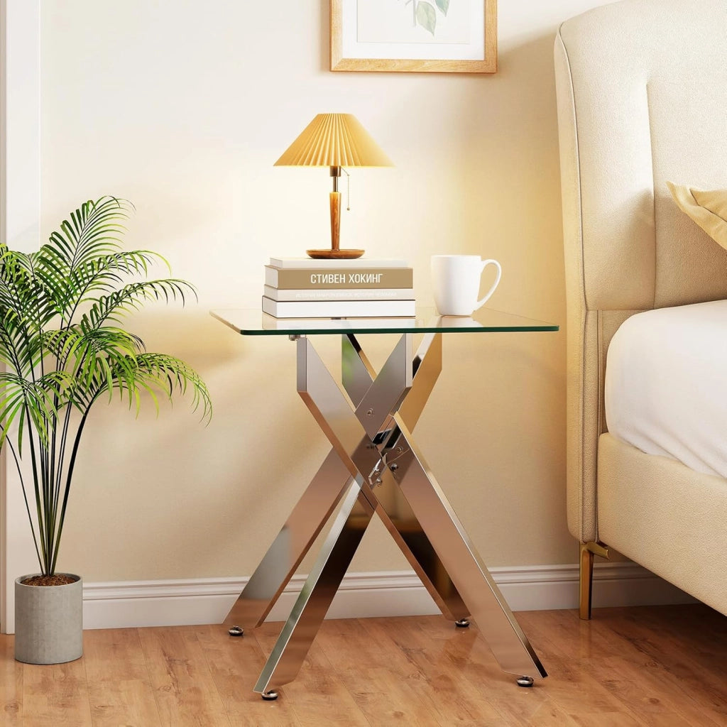 Tavolino Laterale in Vetro, Tavolino Moderno Quadrato con Piano in Vetro Temperato e Base a X in Metallo, Tavolo per Spazi Ristretti, per Soggiorno e Camera da Letto