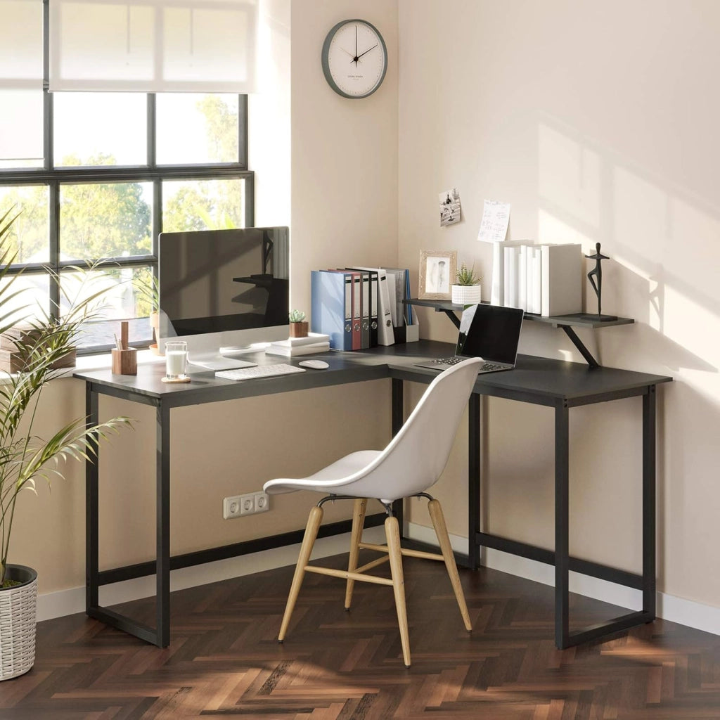 VASAGLE Scrivania per computer, stazione di lavoro a forma di L, scrivania angolare industriale con supporto per monitor, per casa, ufficio, studio, scrittura e gioco, salvaspazio, facile da montare,
