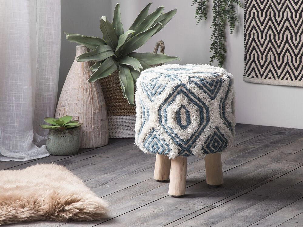 Poggiapiedi Bianco con Lana Blu e Cotone con Gambe in Legno Motivo Orientale Rustico