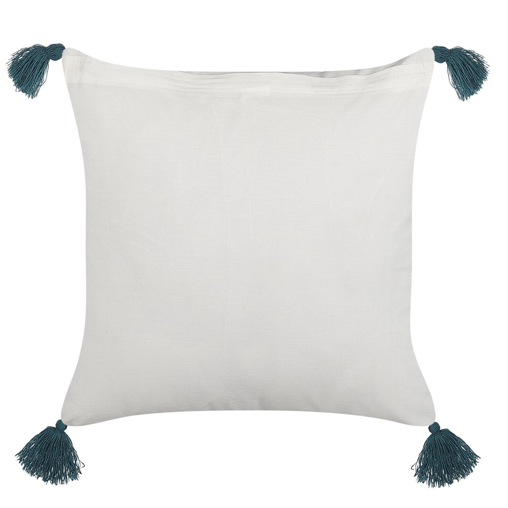 Set di 2 cuscini decorativi cotone bianco e blu 45 x 45 cm motivo geometrico stampa a blocchi con nappe accessori stile boho