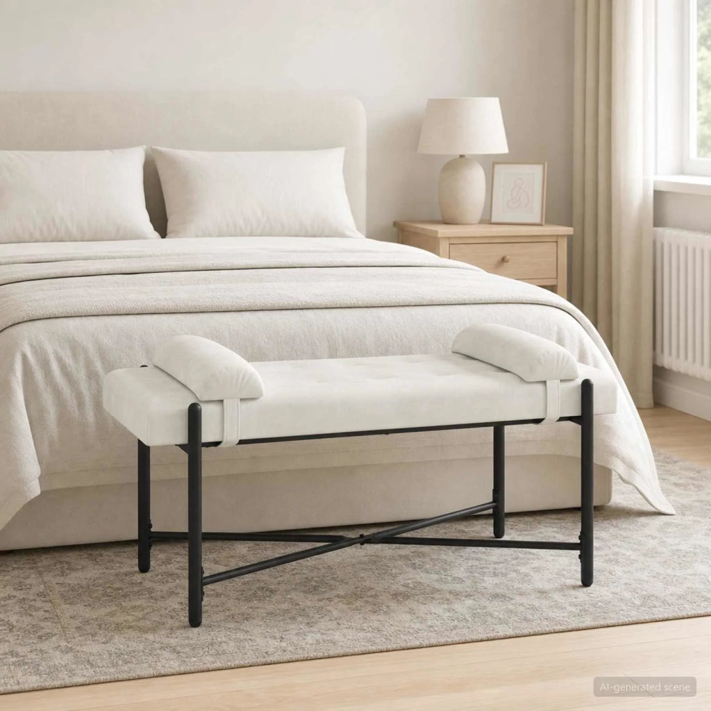 Panchina con bottoni e cuscini Crema 110 x 40 x 46 cm Velluto 42038393