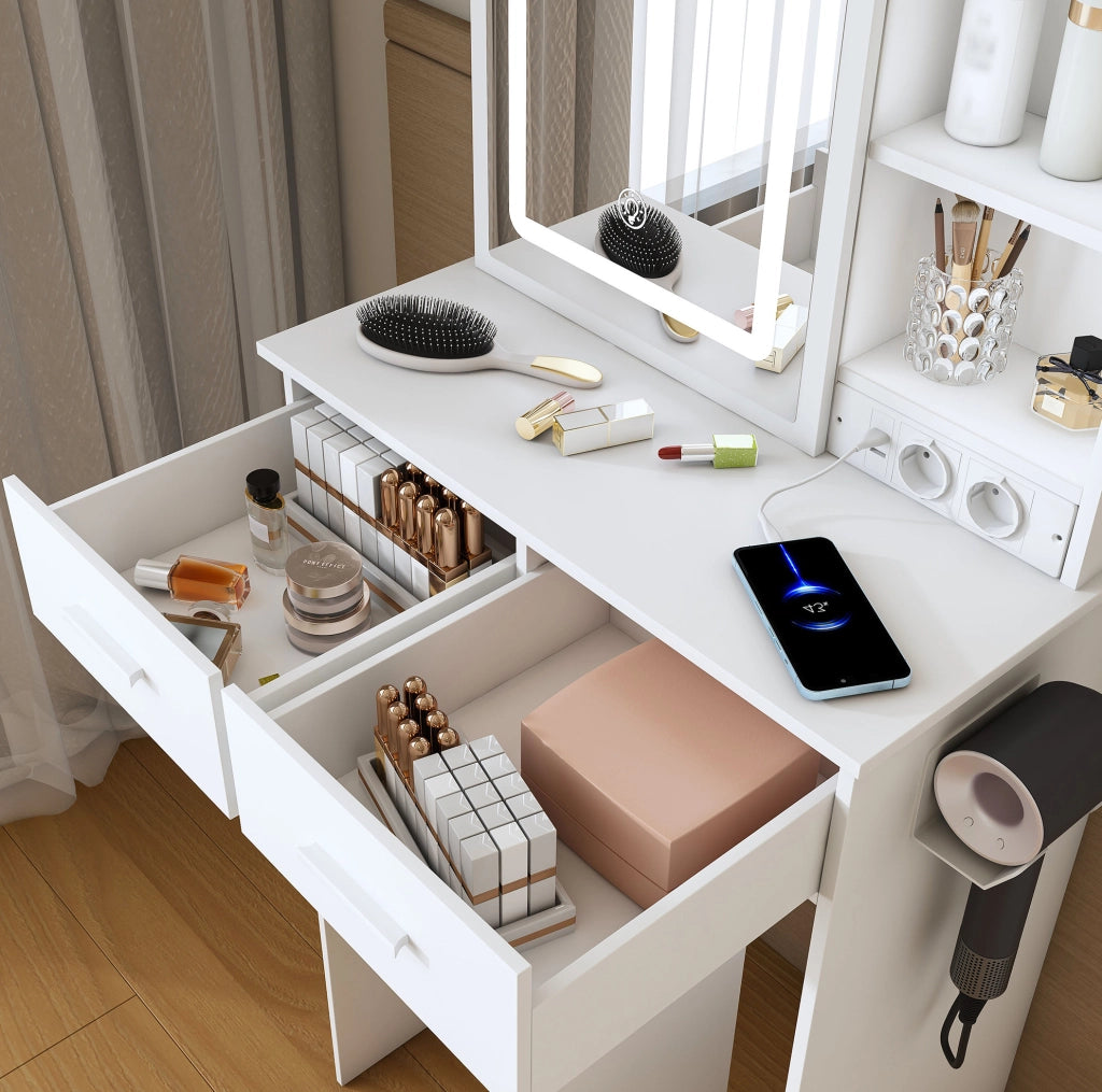 Tavolo da trucco con illuminazione LED regolabile; sgabello imbottito; MDF bianco