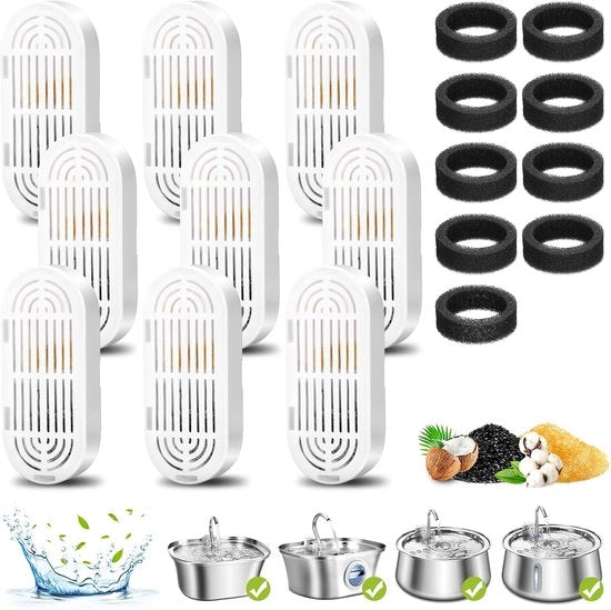 Set di filtri per fontanella per gatti, composto da 6 filtri di ricambio e 6 spugne per filtro, adatto per fontanelle automatiche in acciaio inossidabile da 3,2L/108oz, filtro a carbone attivo per fontanelle per gatti da 4L.