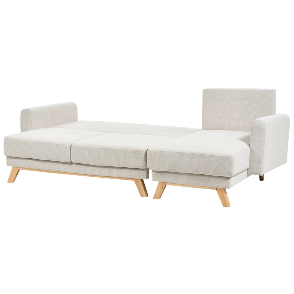 Divano angolare 3 posti sinistro imbottito in tessuto beige con funzione di dormiente e schienale imbottito estraibile Gambe in legno