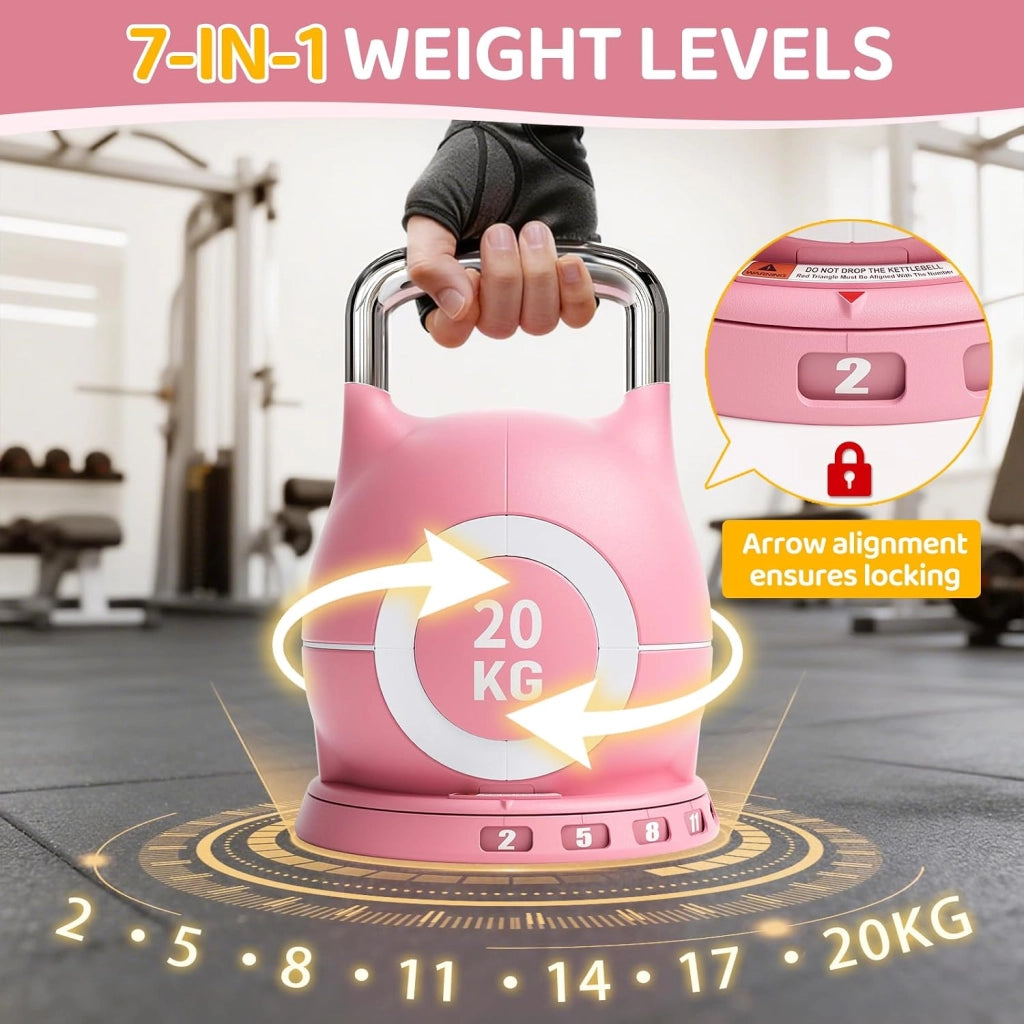 Kettlebell Regolabile 7 in 1, 20 kg Kettlebell con 7 Livelli di Peso, Manubrio per Allenamento a Casa & Fitness, Ideale per Allenamento Completo del Corpo, Compatto & Salvaspazio (Rosa, 20KG)