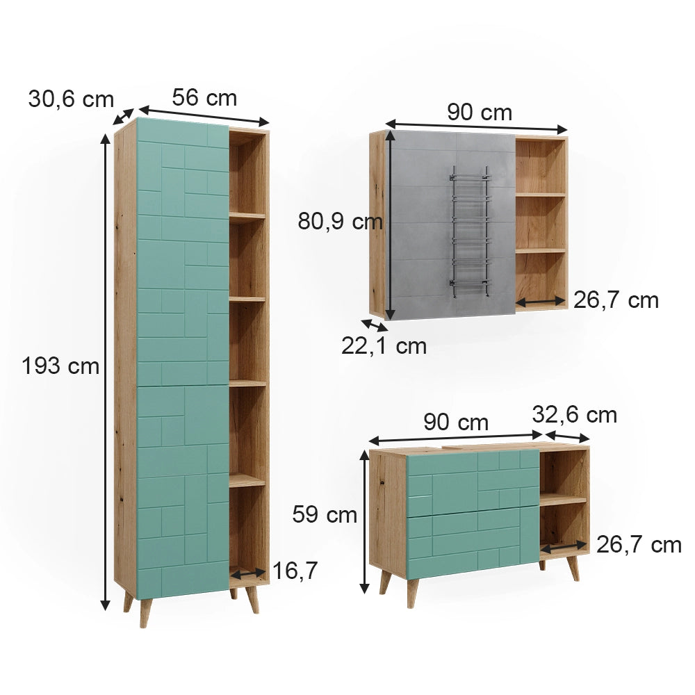 Vicco Set di mobili da bagno Verde menta 3 parti, con colonna