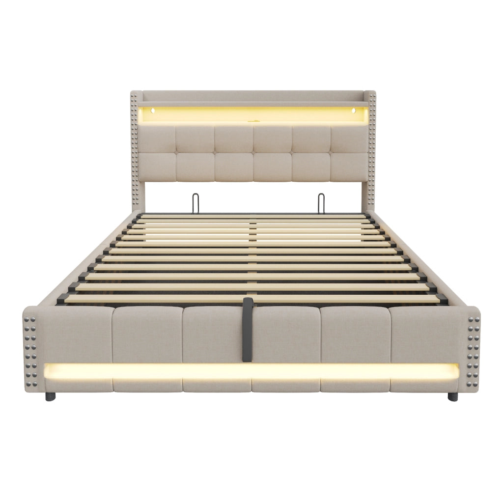 Letto Contenitore Matrimoniale 180x200 cm; con USB; LED e mensole - in Lino - Beige