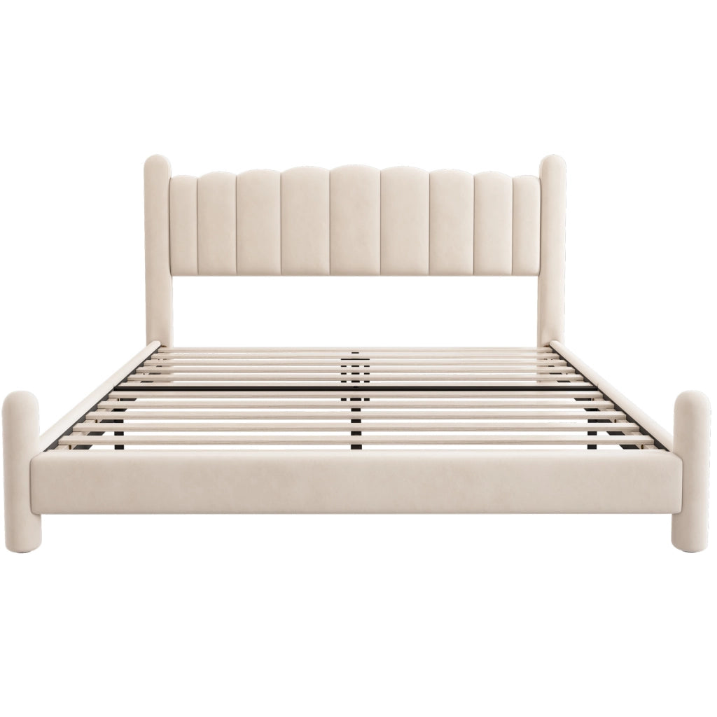 Letto imbottito 180x200 cm in velluto beige con testiera ondulata e rete a doghe