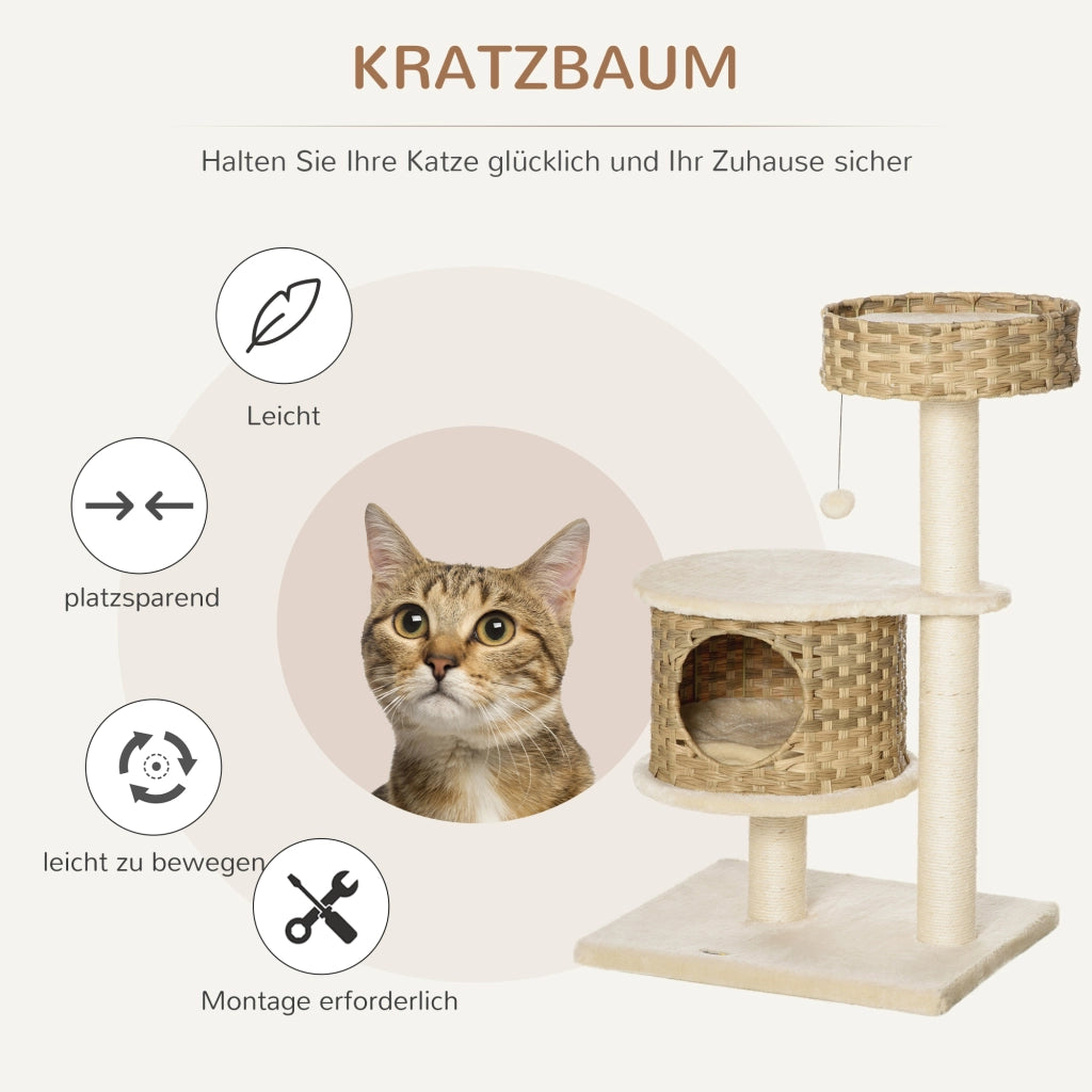 TIRAGRAFFI per gatti con cuccia in rattan PE, 55x47x95 cm, naturale