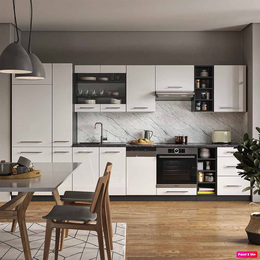 Cucina componibile Fame-Line Bianco lucido/Antracite 355 cm, PL Marmo Vicco