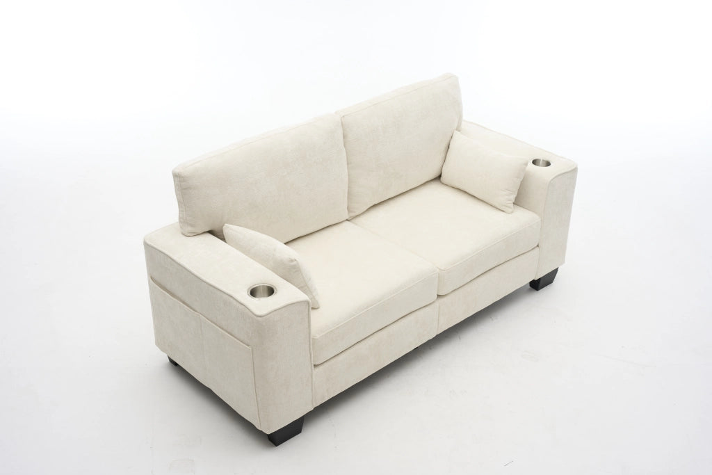 Divano a due posti moderno con portabicchieri e tasche laterali per soggiorno e ufficio in tessuto chenille beige