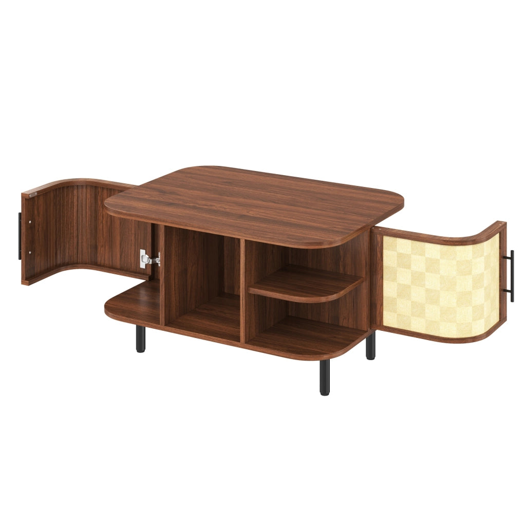 Tavolino basso con forma curva, vani aperti e scomparti laterali, in MDF e metallo, noce, 80 × 60 × 47 cm