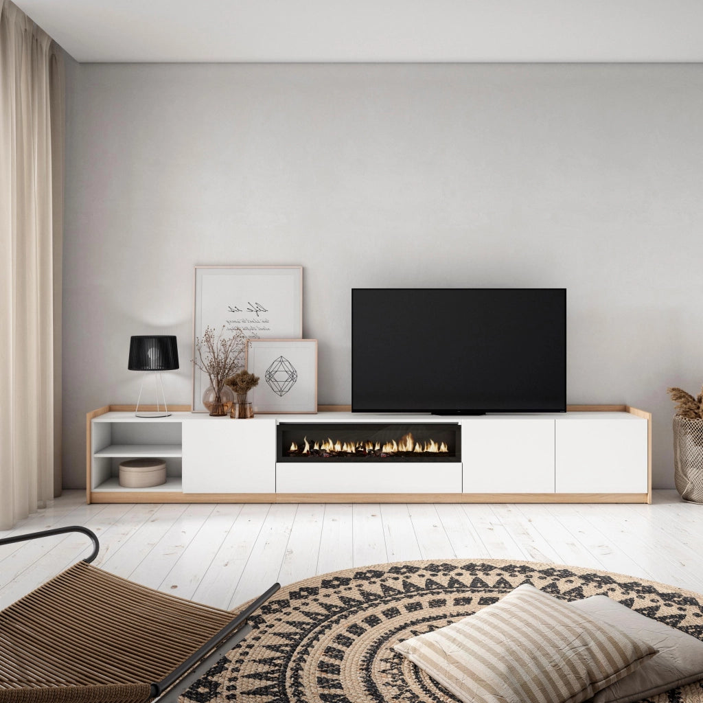 Mobile TV Soggiorno, 310x50x37 cm, Per TV fino a 80", Camino elettrico, Bianco e Rovere soft