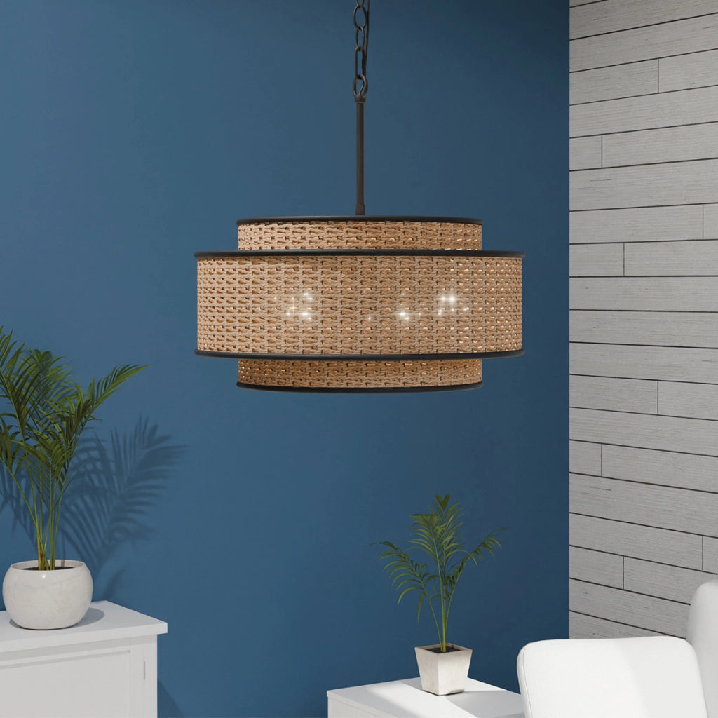 Sospensione boho in rattan beige/nero 5xE27 Quoizel Teton