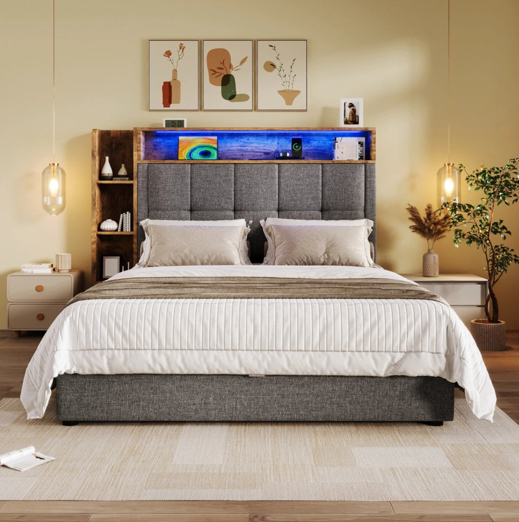 Letto imbottito 90x200 cm con USB; LED e contenitore in lino e MDF grigio