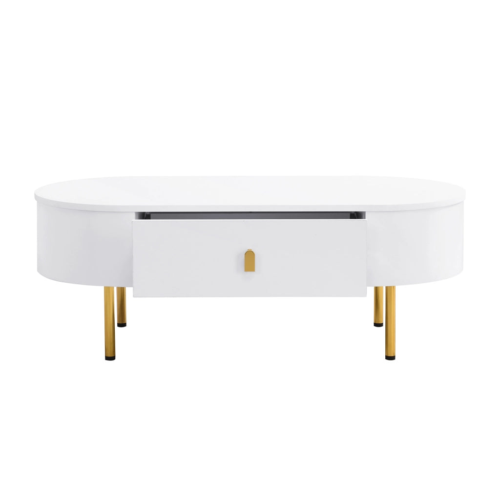 Tavolino da Caffè con 2 Cassetti; Maniglie e Gambe Dorate; Angoli Arrotondati; Stile Moderno; in MDF; Bianco; 108×50×40 cm