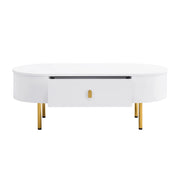 Tavolino da Caffè con 2 Cassetti; Maniglie e Gambe Dorate; Angoli Arrotondati; Stile Moderno; in MDF; Bianco; 108×50×40 cm