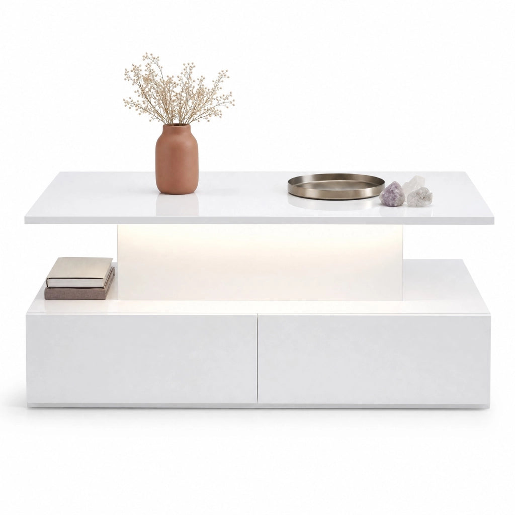 Tavolino da caffè LED in finitura bianco lucido 90x55x41 cm con 4 cassetti e vano contenitore