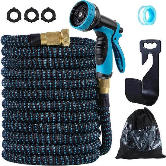 Serpentino per giardino, 30 metro serpentina espandibile con bocchetta per acqua e 10 funzioni, connettori in rame massello 3/4" e 1/2" e core di gomma latex 3 strati per irrigazione e lavaggio auto