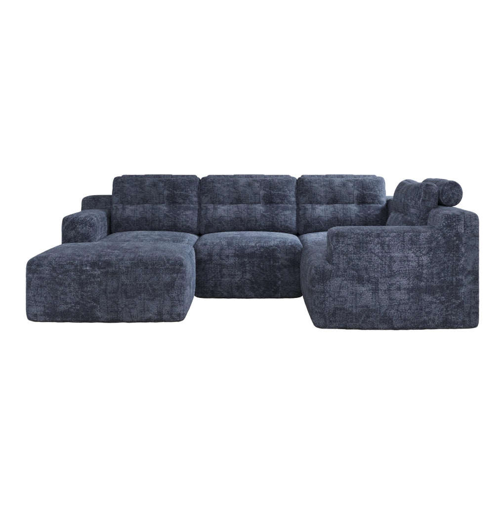 Divano modulare a U 5-6 posti con pouf in ciniglia blu