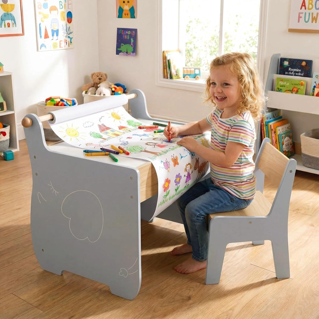 Set Tavolo e Sedia per Bambini 2 in 1, Set con Scrivania e Sedia in Legno per Bambini con Piano Rimovibile, Spazio di Archiviazione e Porta Rotolo di Carta per Aula e Cameretta (Grigio)