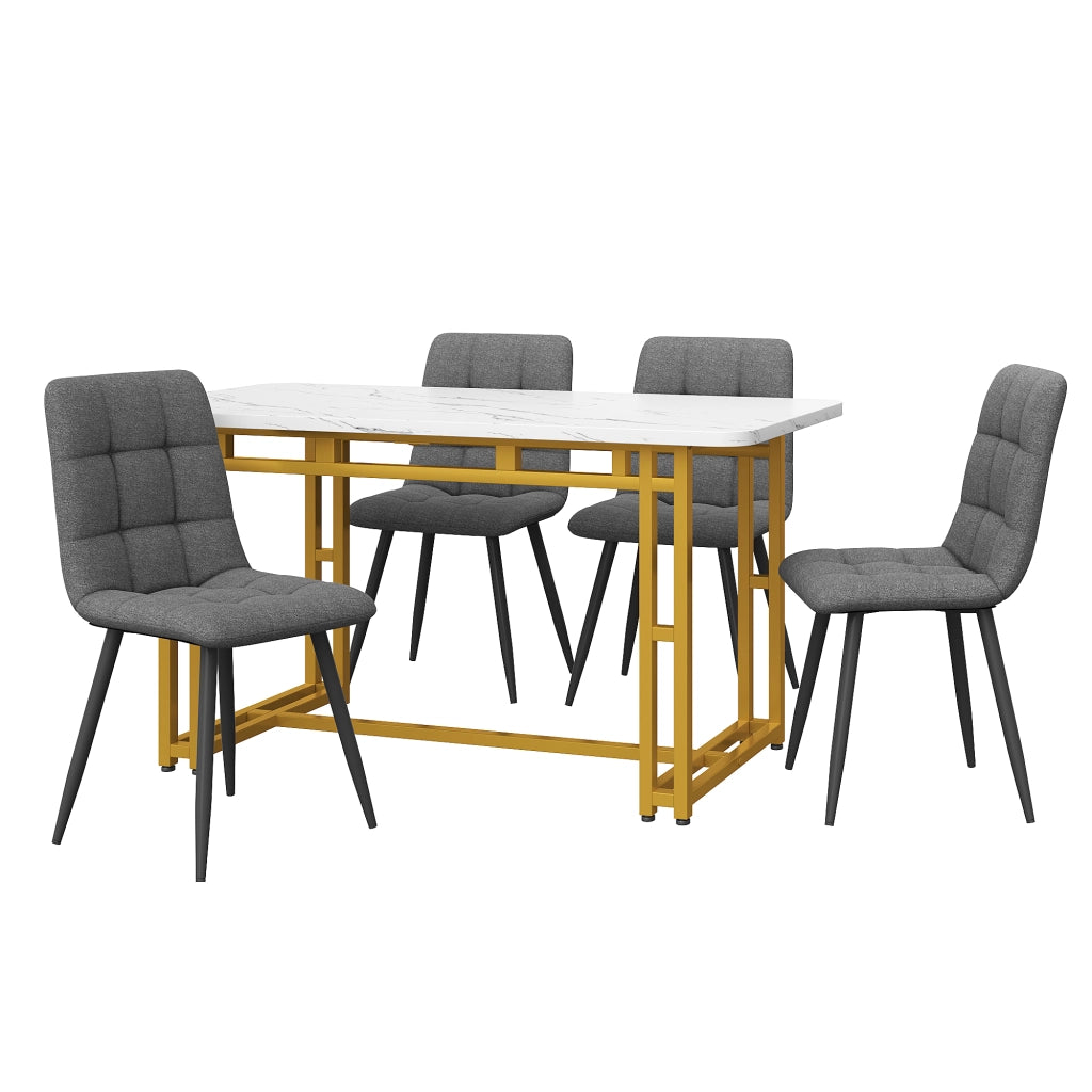 Tavolo da pranzo con 4 sedie, piano in MDF e gambe in metallo dorato, per cucina e soggiorno, grigio, 120 × 70 cm
