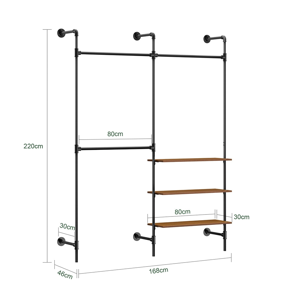 SoBuy appendiabiti da parete industriale, rack tubolare fisso con 3 barre & 3 ripiani in MDF, armadio aperto pesante salvaspazio, nero industriale KLS18-SCH