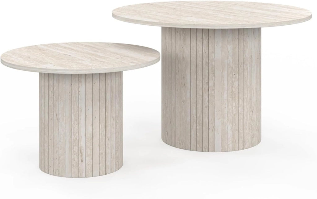 Set di 2 tavolini estraibili Juliette tondi 50/70 effetto stecche travertino