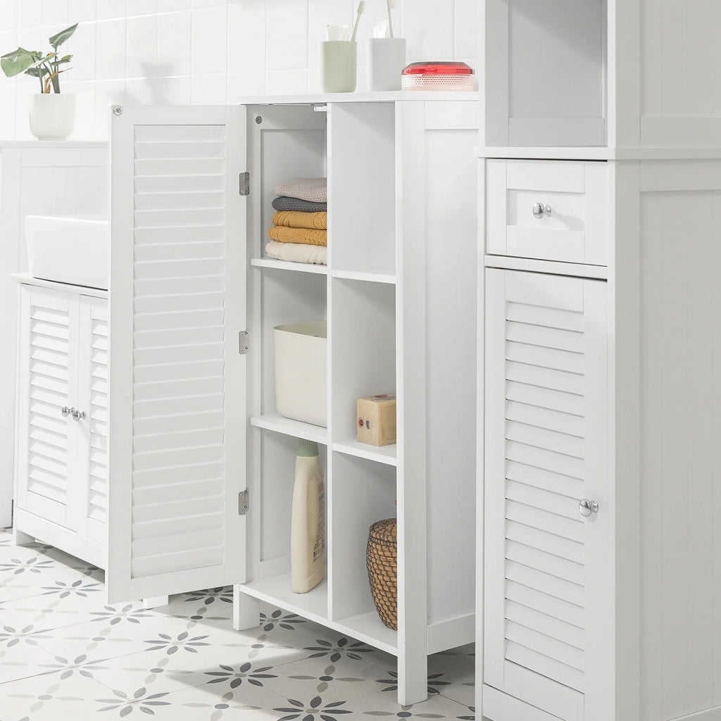 Mobiletto bagno Armadietto bagno Mobile bagno con anta lamellare comò Mobile contenitore bianco L48xP24xA96cm, BZR39-W