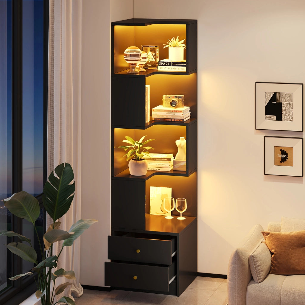 Libreria angolare a L con illuminazione LED controllabile via app, 45 x 43,5 x 180 cm, nero