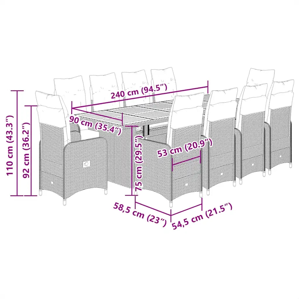 Set Bistrò da Giardino 11 pz con Cuscini in Polyrattan Grigio