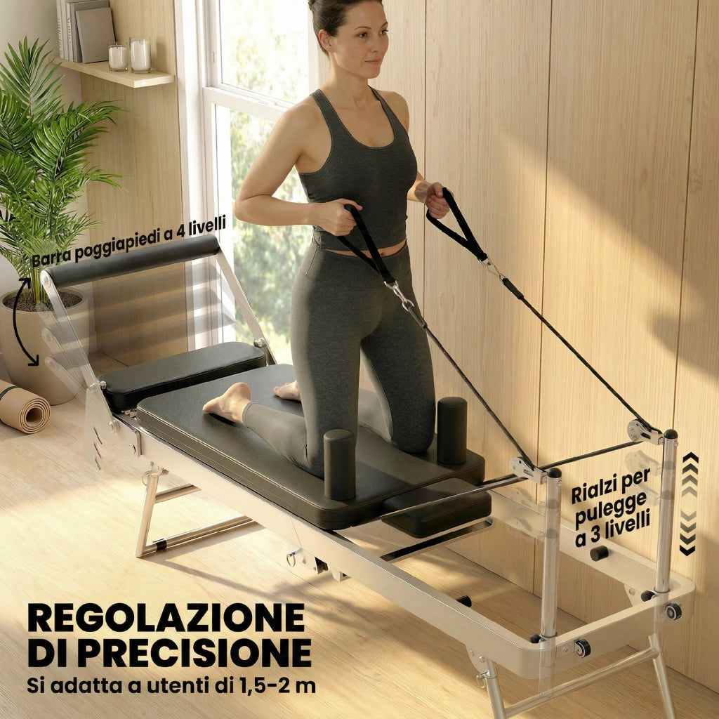 Reformer Pilates Pieghevole 195x56x88 cm con 2 Bande Elastiche in Acciaio e PU Bianco