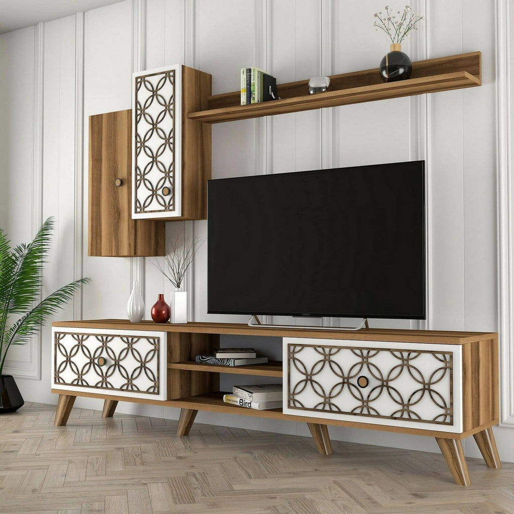 Mobile porta TV Nunzia, Credenza da soggiorno, Armadio basso per TV, Base parete attrezzata, 180x35h44 cm, Noce e Bianco