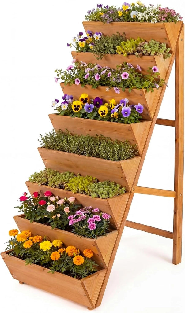 Fioriera Rialzata a 8 Livelli, Aiuola Verticale a Forma di V in Legno di Abete, Telaio Triangolare Indeformabile, Orto Rialzato da Esterno o Interno per Piante, Fiori, Verdure
