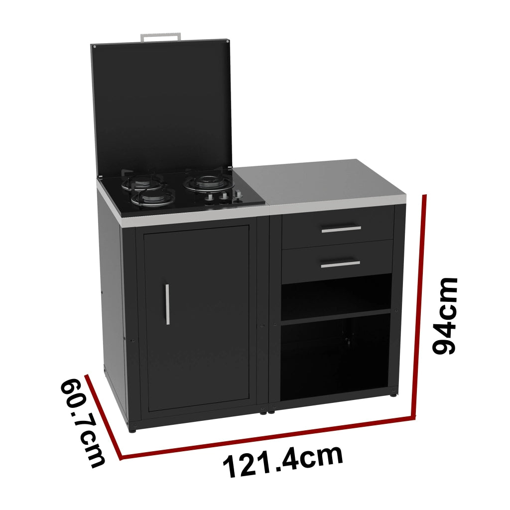 Set Cucina da Esterno a Gas 2 Elementi con 2 cassetti Estraibili - Struttura in Acciaio e Piano in Acciaio Inox - Nero