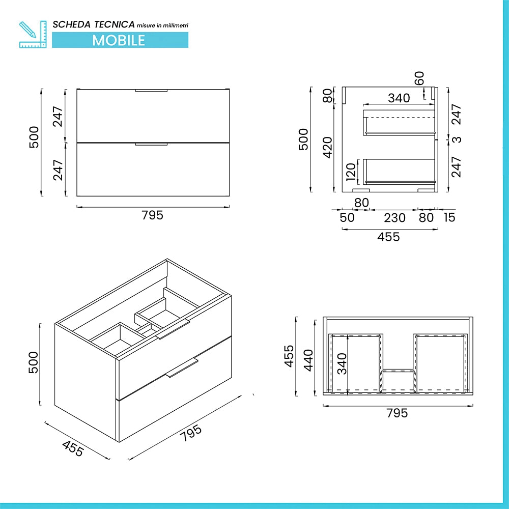 Mobile bagno sospeso 80cm azzurro polvere con cassetti lavabo e specchio Elva