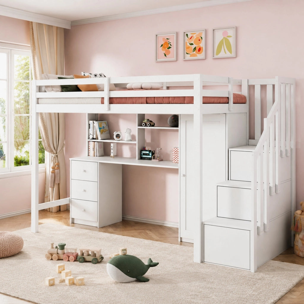 Letto a soppalco multifunzionale 90x200 cm con scrivania, armadio e cassetti, bianco