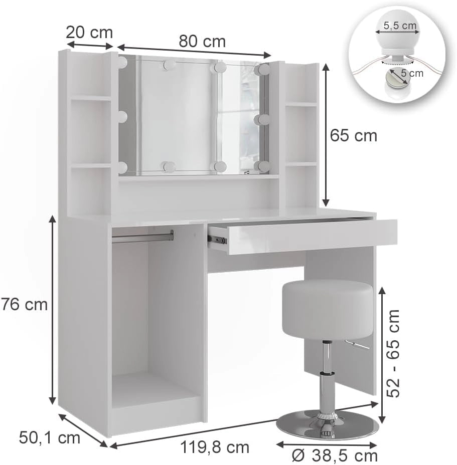 Tavolo da toeletta Sherry, Bianco/bianco lucido, 119.8 cm 5 parti