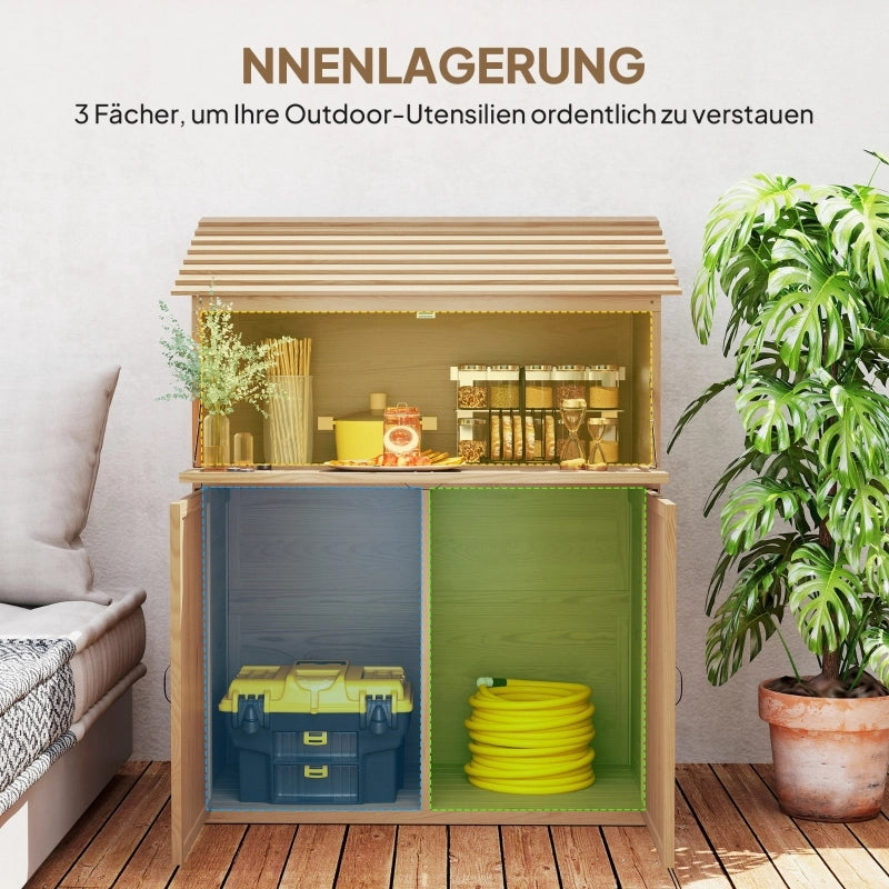 Capanno da giardino in legno naturale impermeabile con tetto monoinclinazione doppie porte scaffale interno e tavolo pieghevole mobile spazioso per riporre attrezzature da esterno terrazzo e giardino