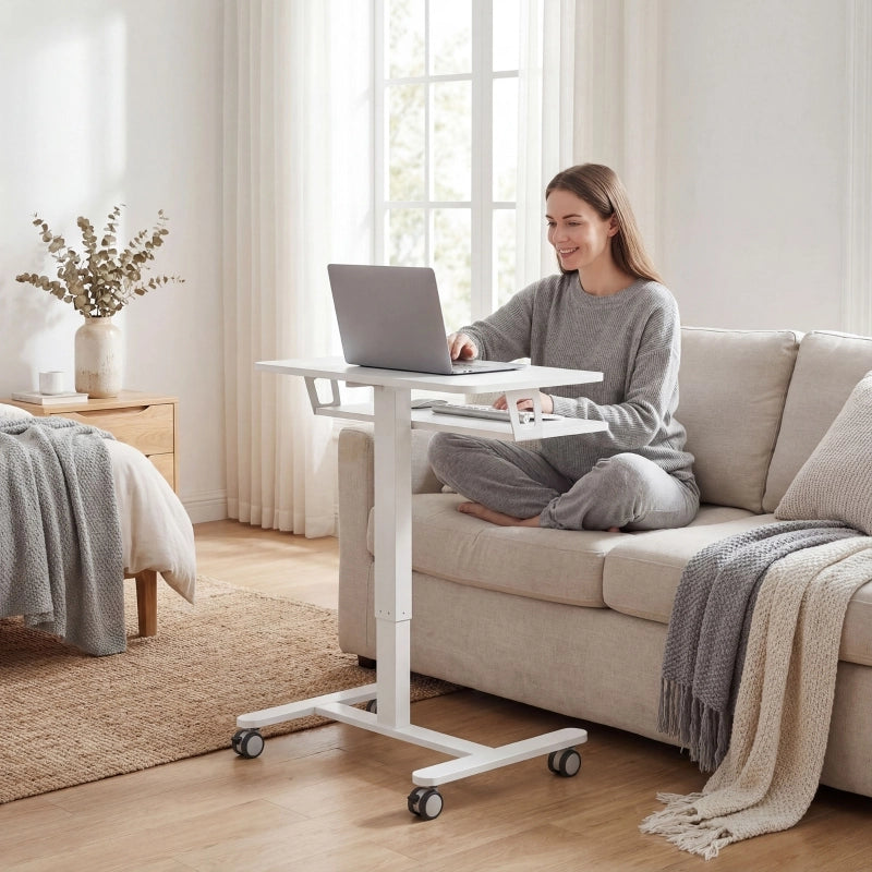 Scrivania lineare regolabile in altezza con vassoio tastiera e ruote, con telaio in acciaio, bianco 65 × 60 cm