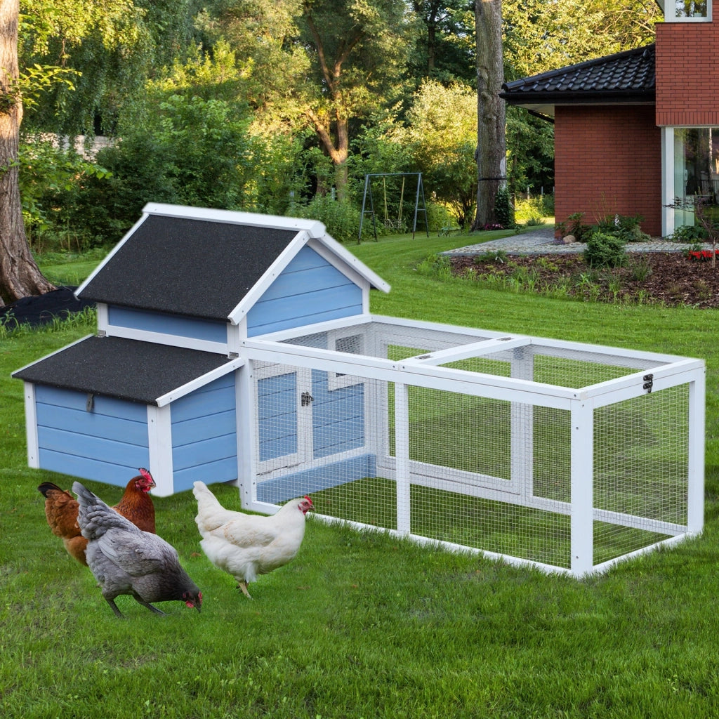 Pollaio per Galline con Corsa Vassoio di Nidificazione Rimovibile in Legno Bianco e Blu 180x90.1x78.6 cm