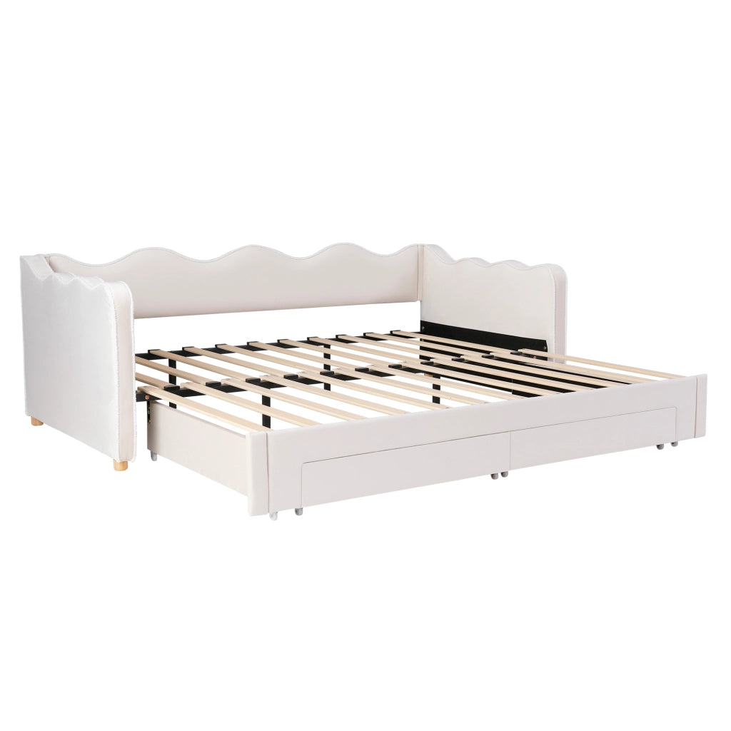 Letto daybed estraibile 90x200 cm con cassetti, USB e tessuto effetto velluto, beige