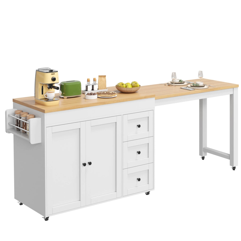 Isola cucina mobile estensibile con 3 cassetti, bianca
