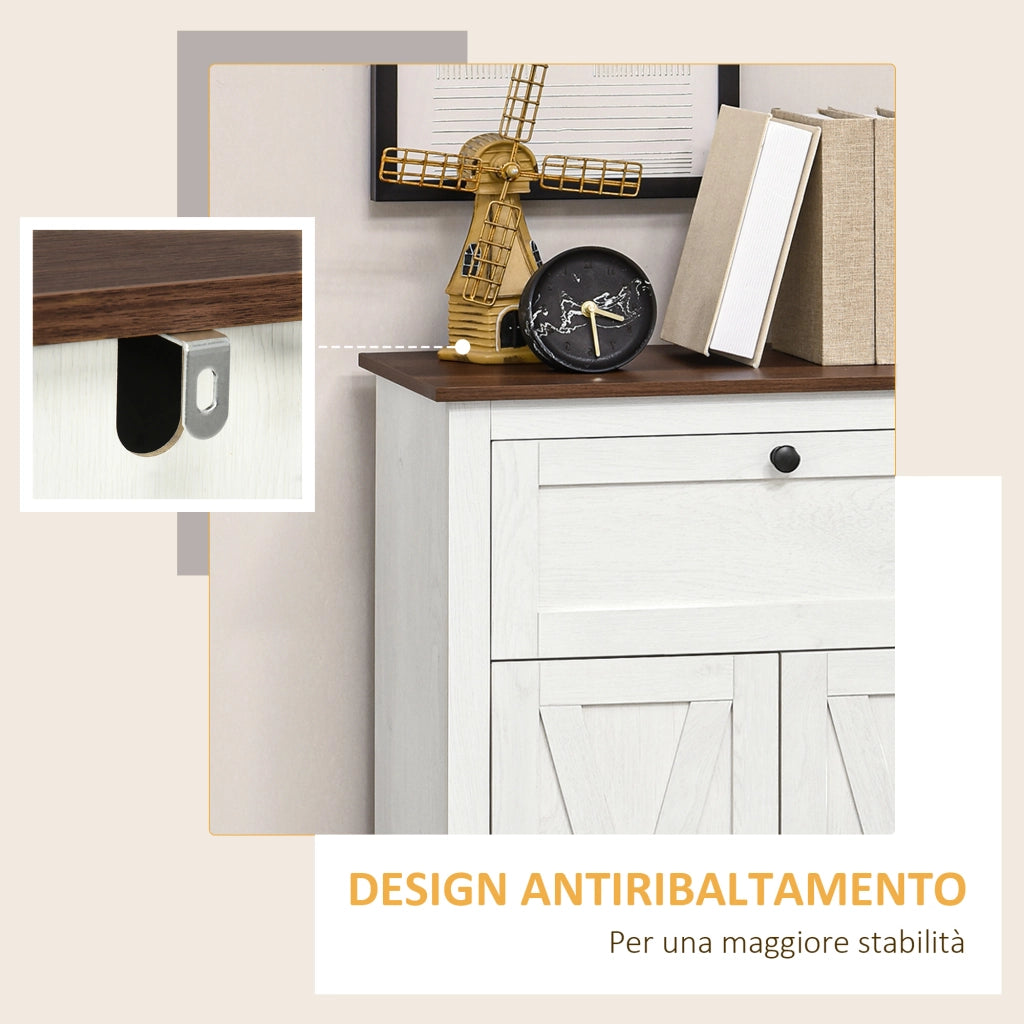 Credenza Bassa da Cucina in Stile Rustico con Cassetto e Armadietto con Ripiano Regolabile, Bianco