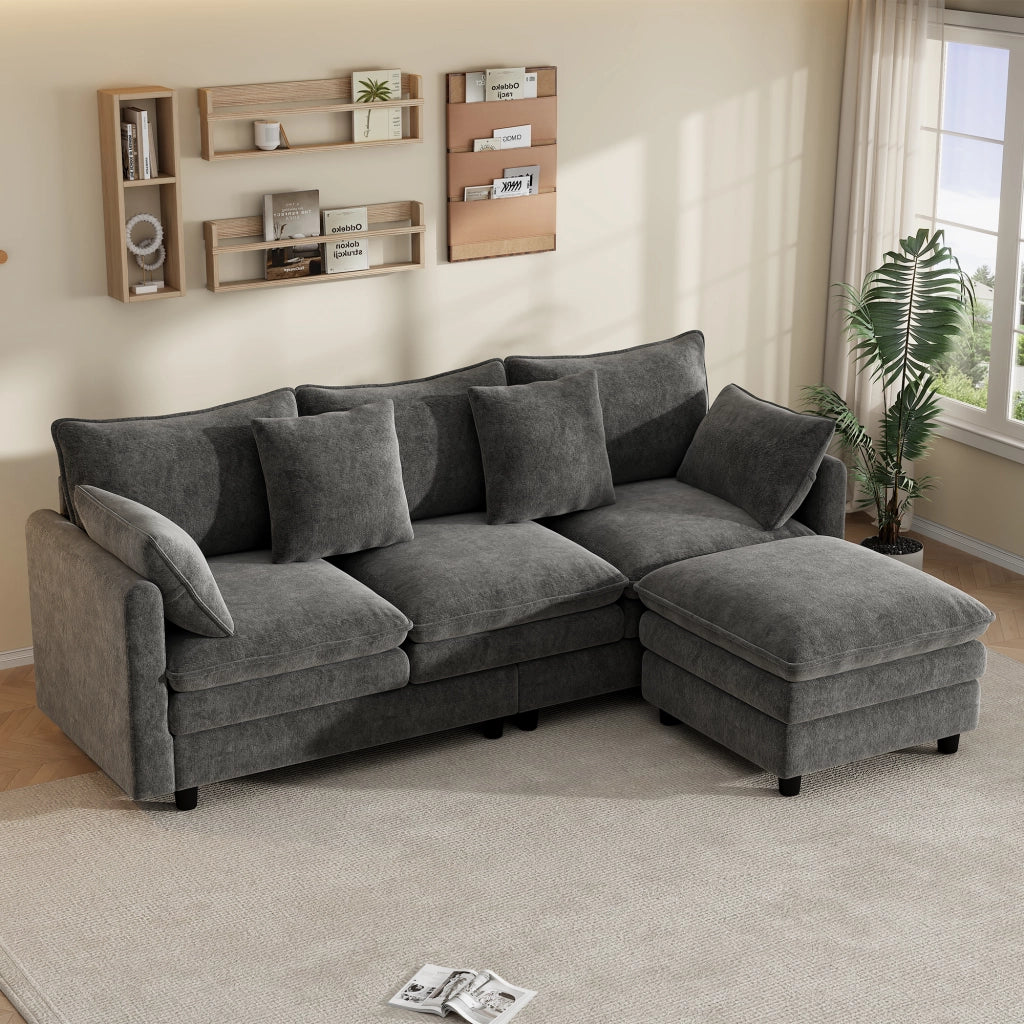 Divano angolare con chaise longue mobile 3 posti con 4 cuscini e 3 schienali in ciniglia grigia 212 × 150 × 90 cm
