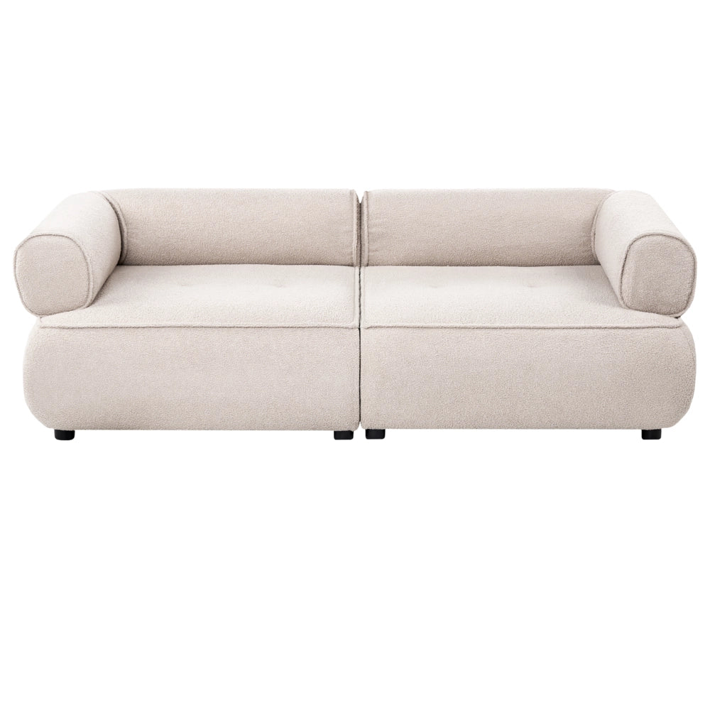 Divano a 3 posti con pouf beige bouclé braccioli arrotondati rivestimento di alta qualità seduta trapuntata con poggiapiedi stile Mid-Century