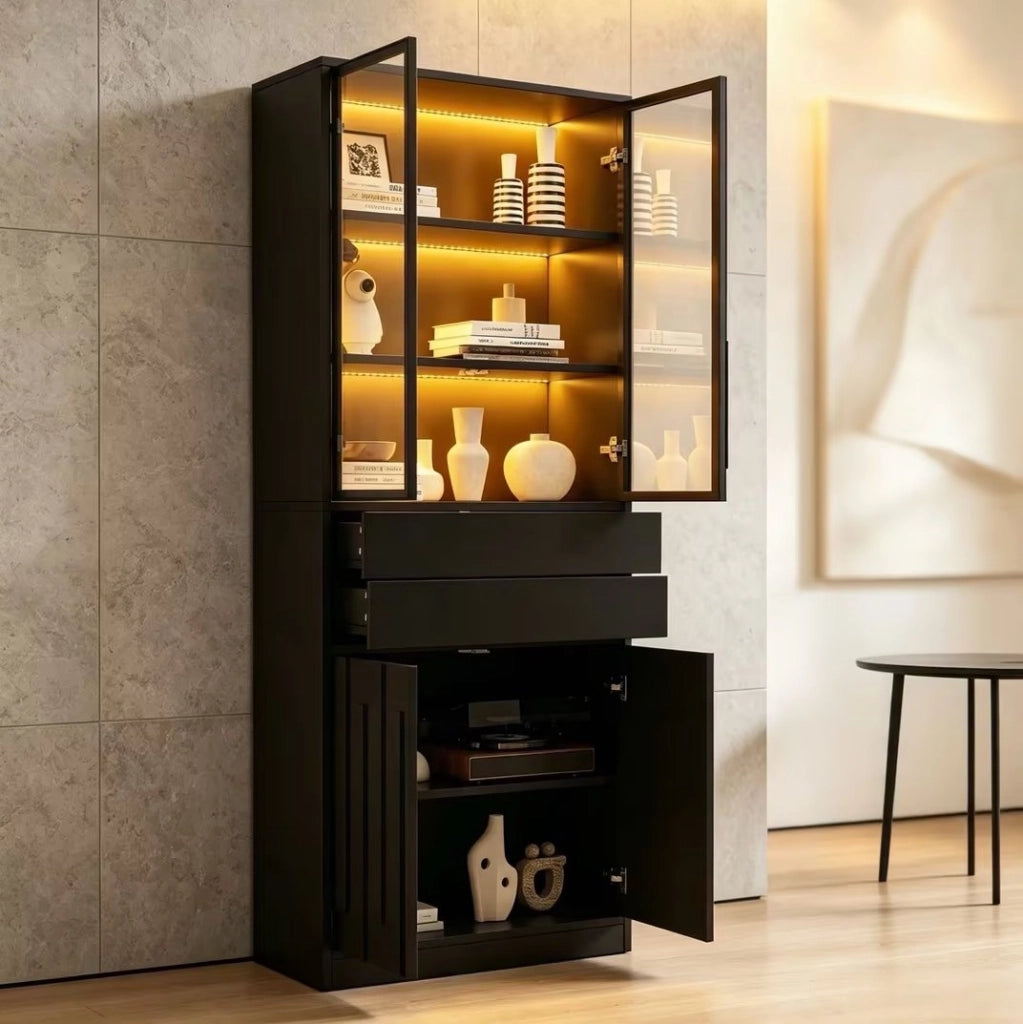 Set 2 vetrine 140x34x180 cm con LED Bluetooth; vetro temperato e 2 cassetti nero HOMVRA