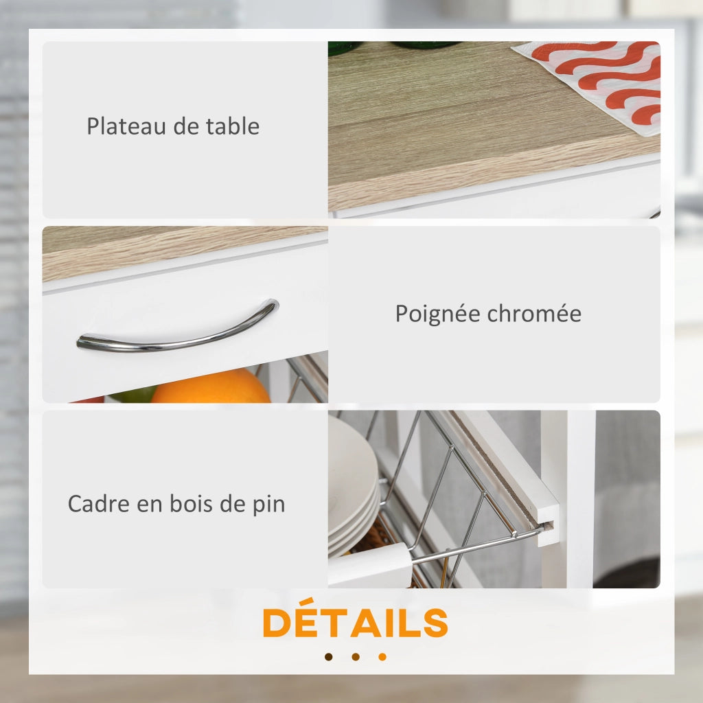 Carrello di servizio con 4 cestini e cassetto ¨C zephmum ¨C metallo e legno di pino bianco 37x37x82 cm
