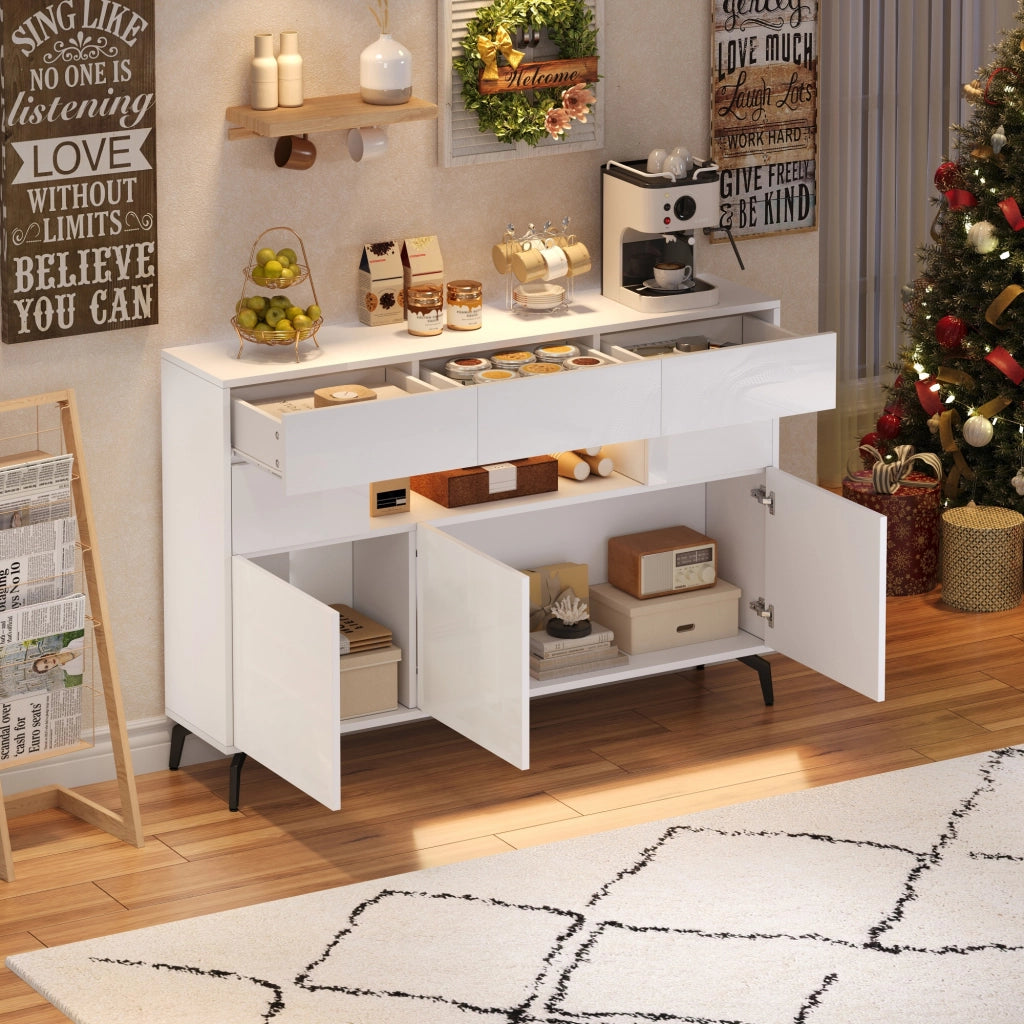 Credenza e madia con LED e 3 cassetti, 5 vani e vano aperto, per soggiorno, bianco, 140 × 30 × 82 cm